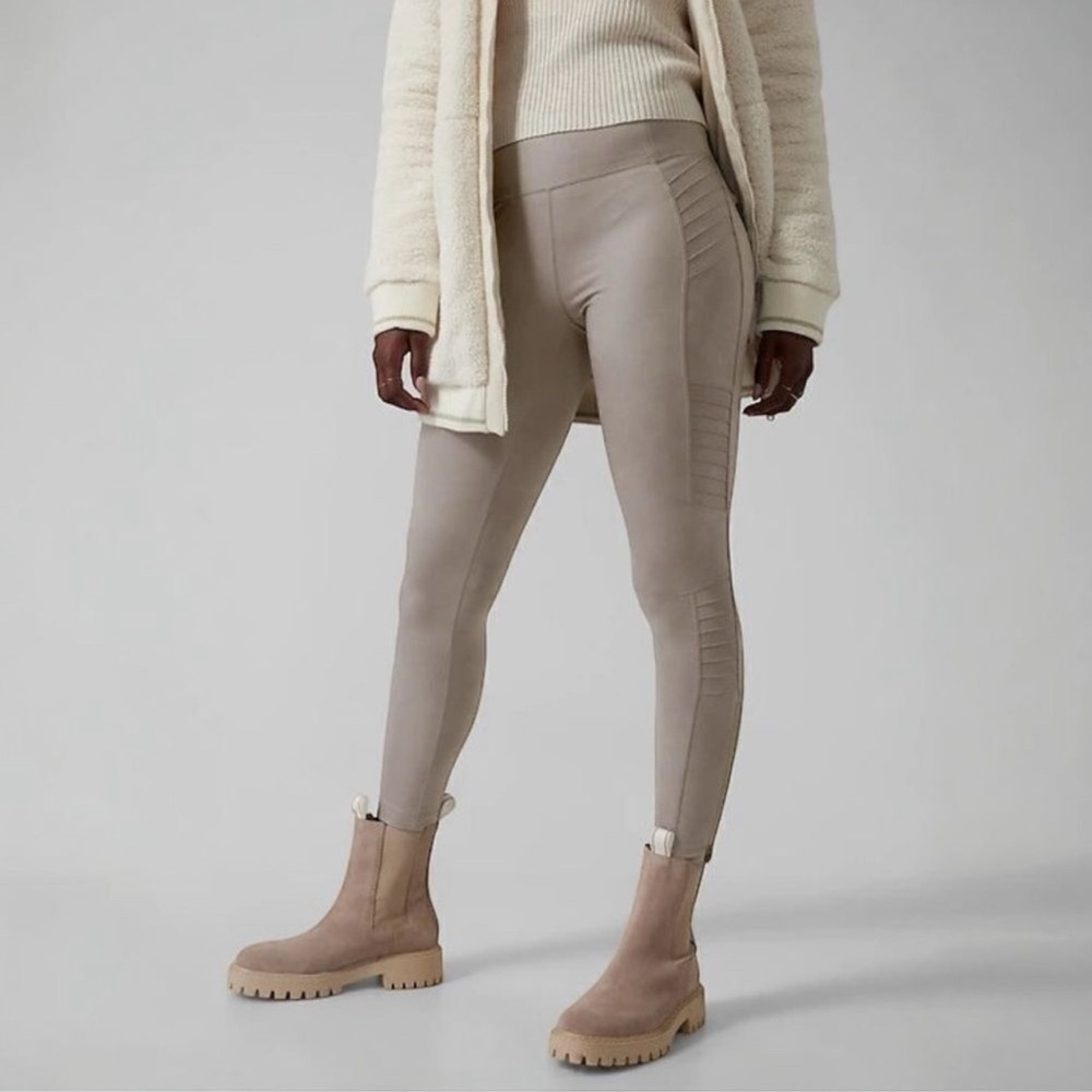 Athleta Delancey Gleam Moto Light Taupe High-Rise Tights Leggings Size M